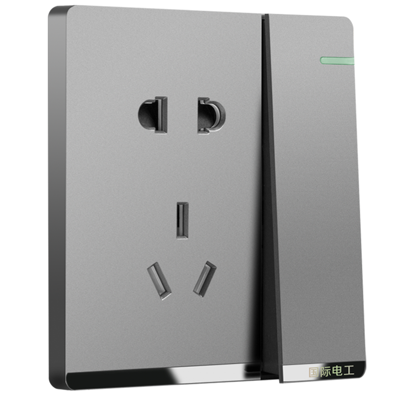 国际电工86型暗装大板灰色家用多孔墙壁电源一开五孔开关插座面板