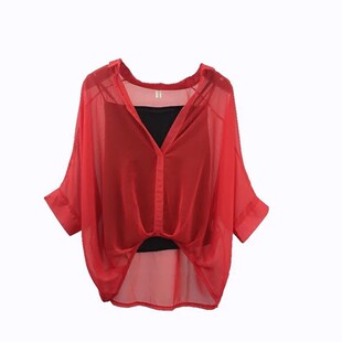 短袖2024年新款薄款女衬衫小心机设计感小众夏短款蝙蝠袖雪纺上衣