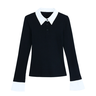 pusumede 清冷智系 撞色polo领长袖t恤女收腰显瘦气质假两件上衣