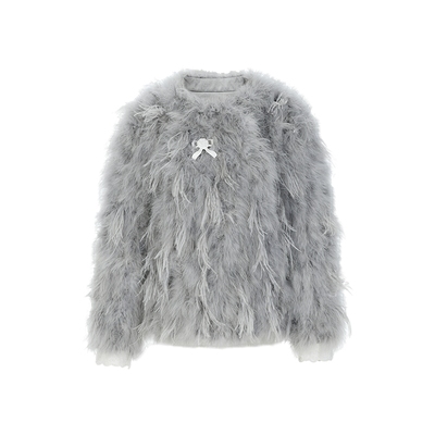 lefame拉飞姆冬季奢华贵气灰色火鸡毛装饰外套