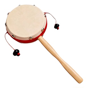 羊皮拨浪鼓黄铜铃铛哗啦棒老式手工非遗新生婴儿可啃咬木质桃木