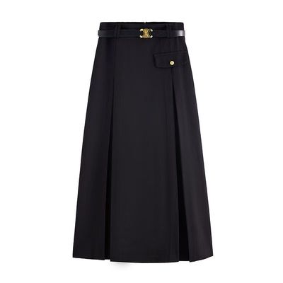 西装高腰A字百褶中长半身裙