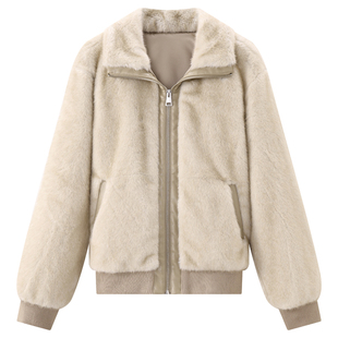 库恩玛维卡其色毛绒绒外套女2025年冬季新款斯拉夫仿貂绒皮草上衣