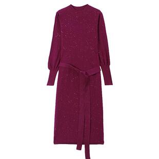 恒源祥纯色翻领羊毛连衣裙女秋冬装新款气质宽松打底中长款毛衣裙