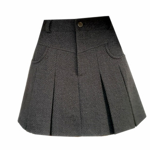 灰色毛呢百褶裙女秋冬加厚半身裙 胖mm高腰复古百搭防走光a字短裙