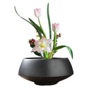 陶瓷圆盘水盘花器复古禅意中式日式插花器皿小原流剑山插花盆特大