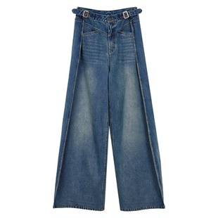 NancyCavally专柜款重磅水洗环保牛仔 时髦B入翻折结构阔腿牛仔裤