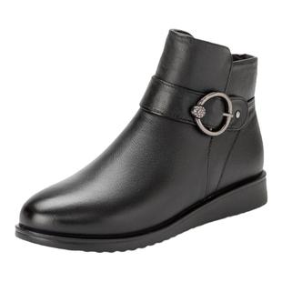 奥康女靴冬季真皮鞋坡跟保暖棉鞋加绒平底短靴舒适冬款妈妈靴皮靴