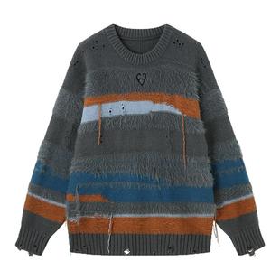 INXXAPYD 多色条纹拼接套头针织衫男小流苏挂线设计圆领毛衣