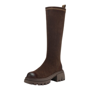 星期六法式绒面厚底长筒靴女2025新款秋冬复古瘦瘦靴长靴弹力靴子