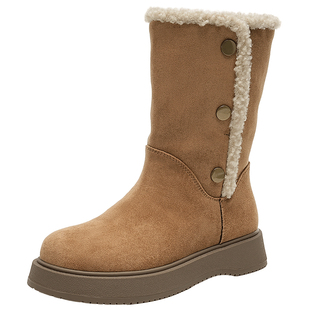 千百度雪地靴女冬季2025新款保暖加厚棉鞋女翻边外穿百搭厚底短靴