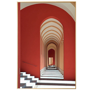 朝花夕拾 简约现代复古红色建筑艺术教堂罗马柱宫殿ins玄关装饰画