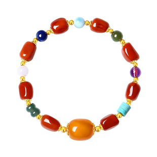 天然南红玛瑙火焰纹手串女多宝蜜蜡绿松石多巴胺色瓦西牛血红手链