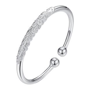 永兴银楼999纯银手镯女孔雀雕花银手环开口民族风蒜头时尚足银镯