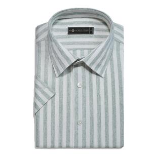 【初夏新品】薄荷岛棉麻混纺浅绿条纹衬衣休闲度假风透气短袖男