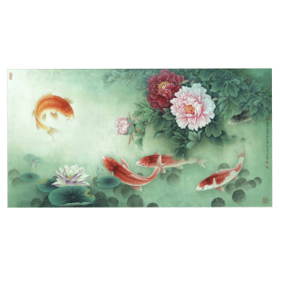 工笔画打印白描底稿李晓明横幅牡丹鱼初学者临摹宣纸过稿勾线练习