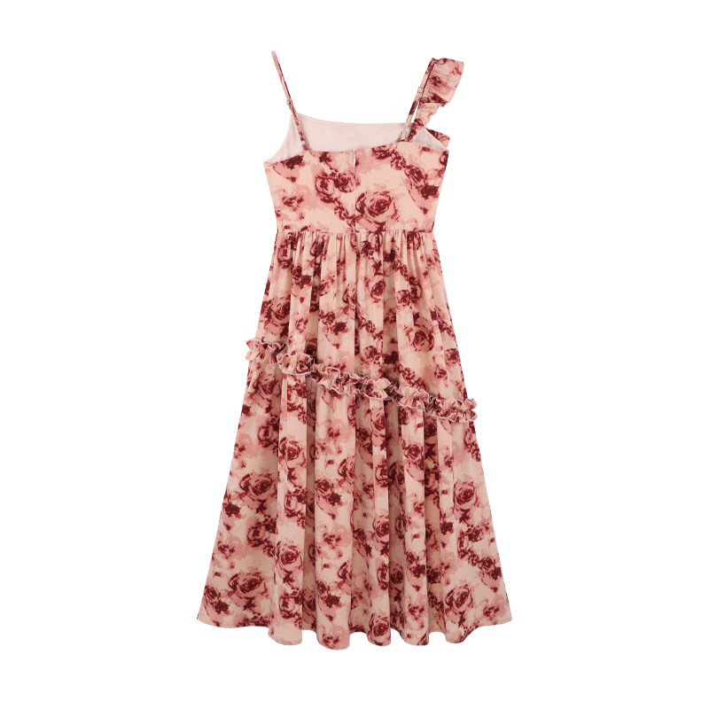 红色荷叶边碎花吊带连衣裙女夏季2025新款海边度假风茶歇法式长裙