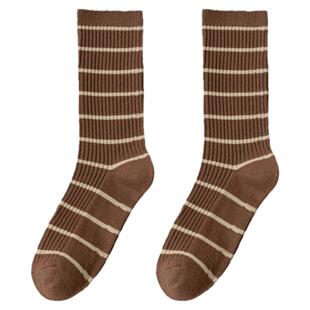 条纹袜子女款纯棉秋冬中筒袜美拉德咖色黑白长筒袜女士高弹堆堆袜