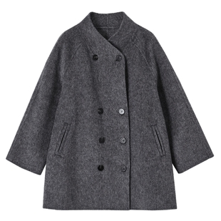 德玛纳绵羊毛立领大码双面呢大衣女25冬季气质双排扣中长毛呢外套