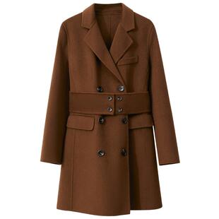 Amii极简西装毛呢外套女2025冬新款中长款大衣全羊毛配腰带双面呢