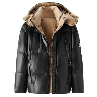 杉杉90鸭绒重磅加厚男士女情侣装面包服冬拉链口袋撞色连帽羽绒服