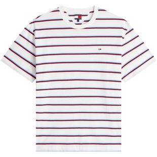 Tommy26春夏新款男装纯棉复古休闲拼色条纹宽松圆领内搭短袖T恤