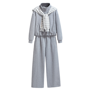 灰色长袖立领披肩卫衣阔腿裤子女2026开春季新款韩系chic两件套装