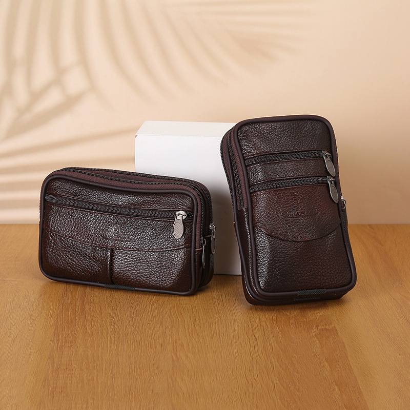 新品 多功能手机腰包牛皮竖横款多层拉链大容量零钱包穿皮带挂腰