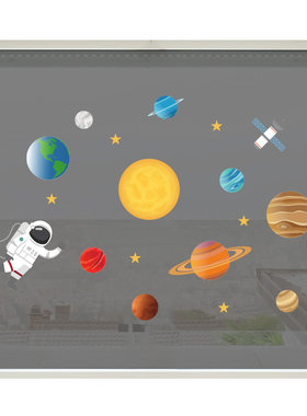 星球窗户太空人早教中心玻璃贴纸