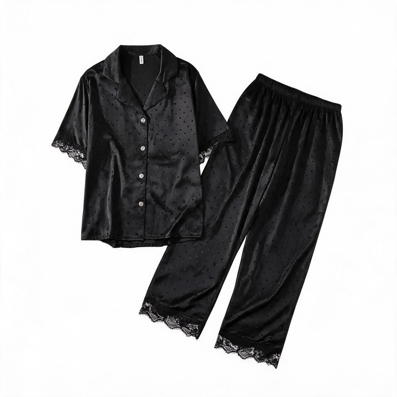 显瘦黑底暗提花仿真丝家居服女生