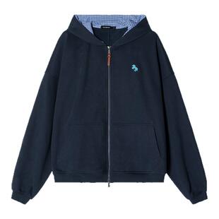 【男装专场】Unvesno UN马年限定格纹撞色连帽马刺绣加绒卫衣开衫