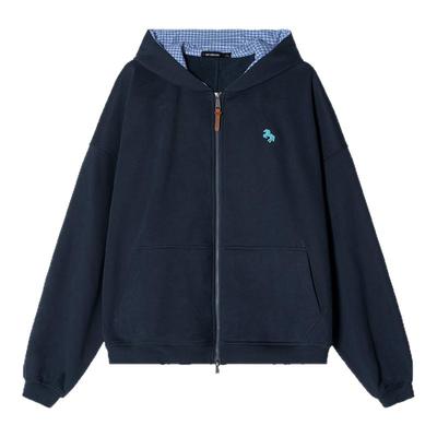 【加绒】Unvesno(UN)“马年限定”格纹撞色连帽马标刺绣卫衣开衫