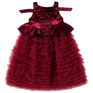 西米女童酒红色洋气小公主冬装公主裙儿童婚礼新年圣诞蓬蓬蛋糕裙