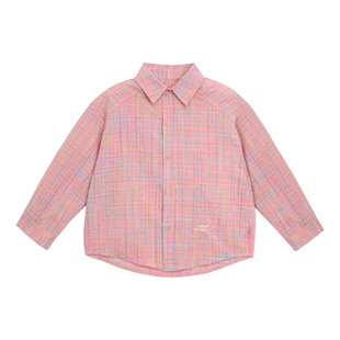 派町童装男童衬衫春季2026新款休闲韩版儿童粉格衬衣长袖上衣潮酷
