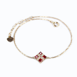 18K玫瑰金天然鸽血红方形红宝石手链 正红伴钻石女款十字架四叶草