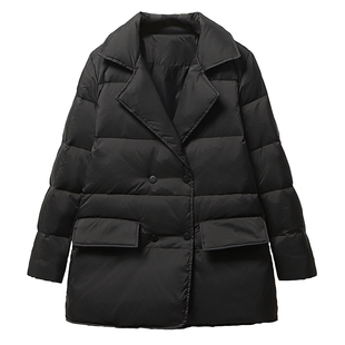 西装领羽绒服女中款2024冬新款轻薄款收腰白鸭绒小个子外套遮屁股