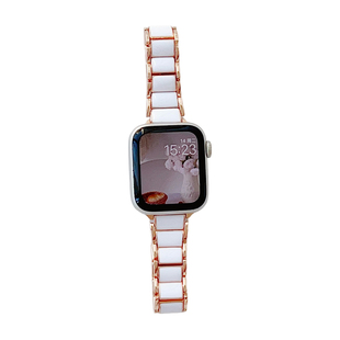 适用苹果S11仿陶瓷精钢表带Apple Watch S10 42mm腕带男女款高级感双色替换带S6789代手表带SE轻奢不锈钢手链