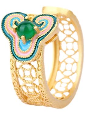 复古国风古法镀金珐琅镂空祥云仿和田玉指环小众旗袍配饰汉服戒指