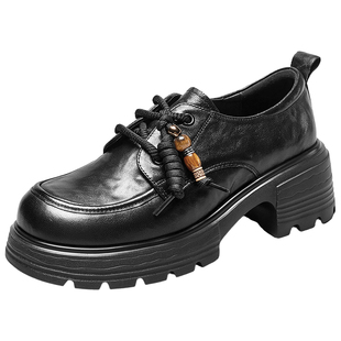 意尔康真皮乐福鞋女2026春季新款英伦风单鞋女厚底增高棕色小皮鞋