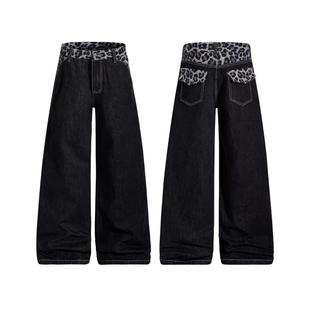 美式复古豹纹拼接牛仔裤男女春秋季新款宽松休闲阔腿长裤街头百搭
