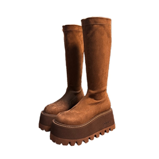 超高厚底松糕长筒靴女2025秋季新款百搭小个子增高弹力靴女瘦瘦靴