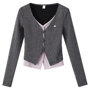 夕蒙2026新款春秋韩系小个子小众独特别致时尚洋气短款假两件t恤