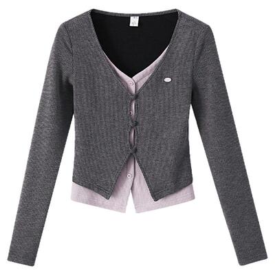 夕蒙2026新款春秋韩系小个子小众独特别致时尚洋气短款假两件t恤