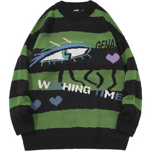 GENANX闪电潮牌套头圆领毛衣黑绿色百搭条纹提花新款男士针织衫