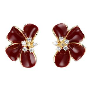 999纯银针复古红色花朵耳环女轻奢高级感耳钉小众设计不对称耳饰