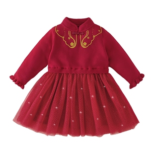 女童秋冬连衣裙宝宝冬季加绒纱裙小童生日宴中式礼服红色公主裙子