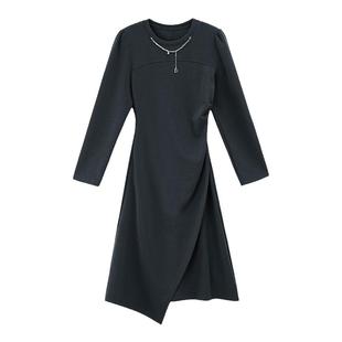 gcrues设计感小众长袖连衣裙2025年秋冬新款赫本风黑色裙子女春秋