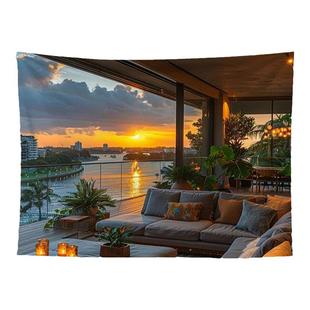 现代阳台风景背景布北欧挂布房间墙壁装饰画布直播背景墙布置挂毯