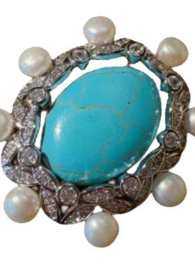 高级斯里兰卡蓝宝石花盘珍珠项链深海贝珠时尚蓝松石花朵胸针百搭