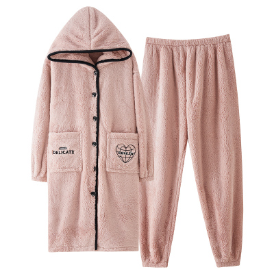 珊瑚绒女士连帽睡袍套装冬季法兰绒加厚保暖可外穿长款睡衣月子服